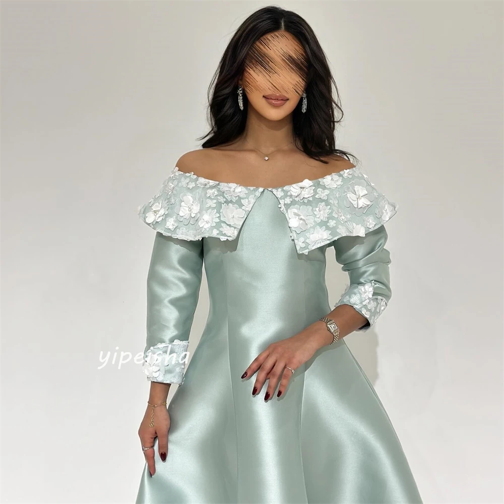 Prom Dress Saudi Arabia Evening Satin Applique Draped Homecoming A-line Off-the-shoulder Bespoke Occasion Gown Midi Dresses