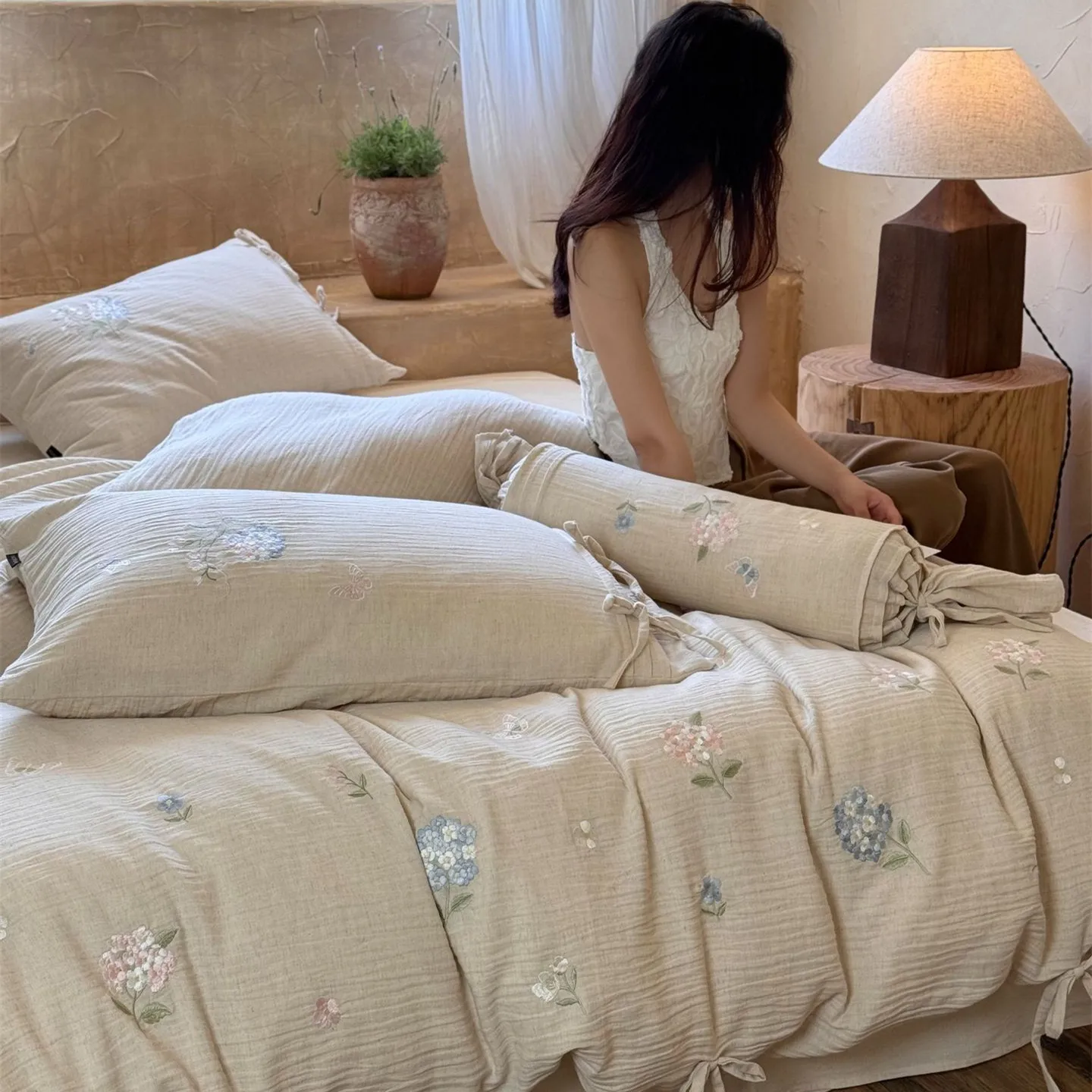 Flowers Embroidery Lace-Up Linen Cotton Bedding Set Princess Style Queen King Size Duvet Cover Flat/Fitted Bed Sheet Pillowcases