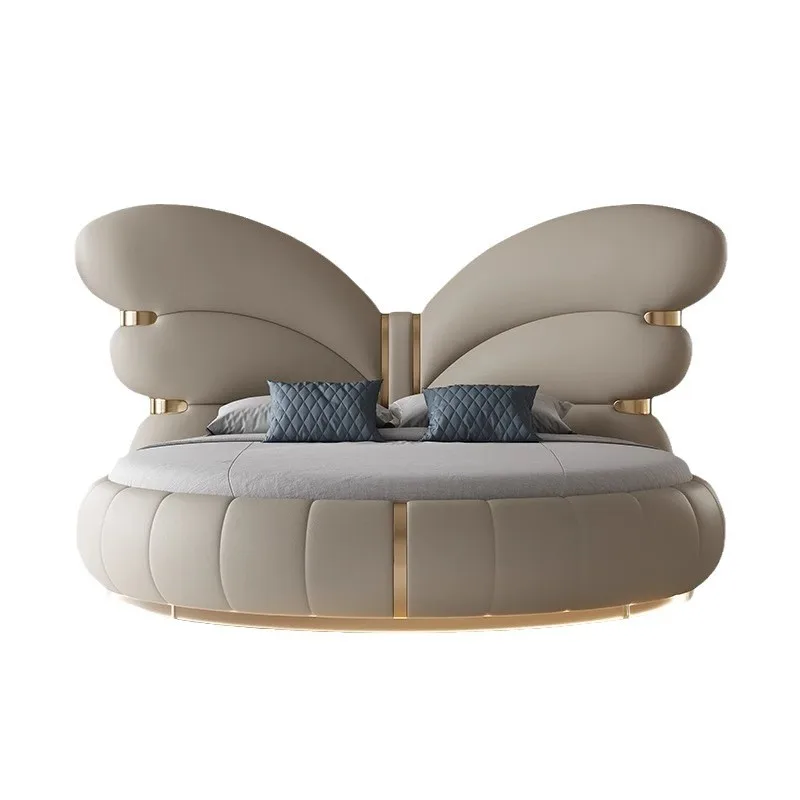 Floor-to-ceiling large round bed Italian minimalist modern light luxury leather bed Master bedroom bed