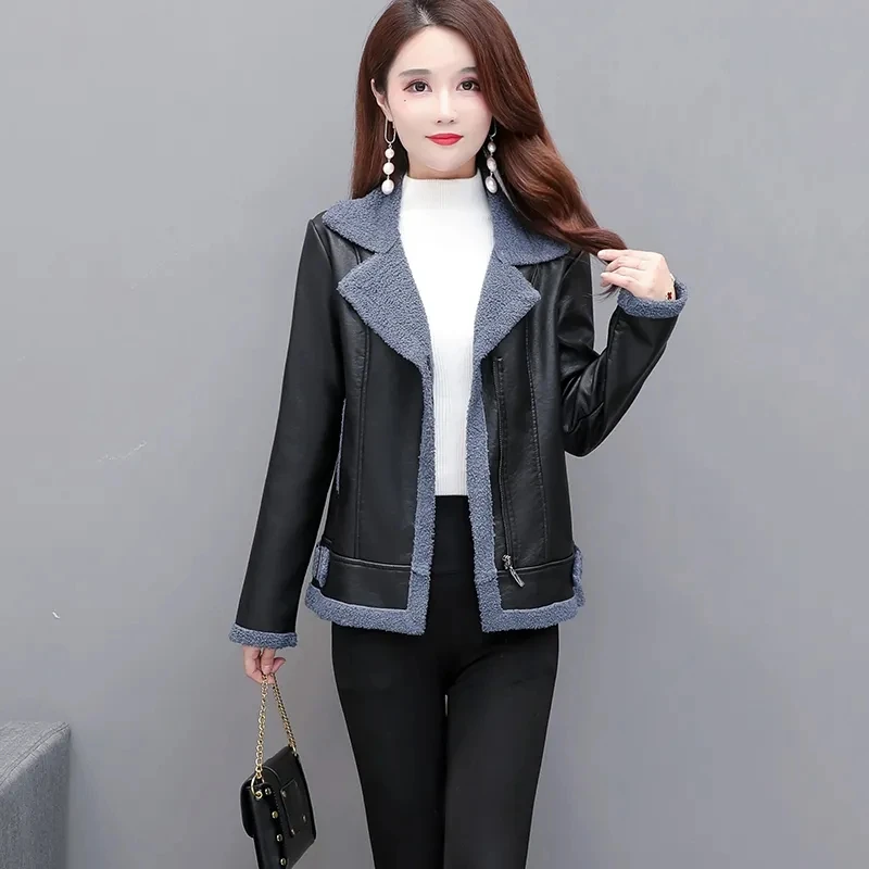 Plus samt Lederjacke frauen Outwear Neue Herbst Winter Lederjacke PU Nachahmung Lamm Wolle Mantel Kurze Dicke Warme Jacken