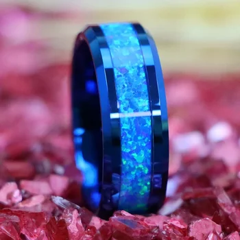 藍色蛋白石鑲嵌鎢金戒指,火蛋白石戒指,男士藍色結婚戒指,聖誕禮物,情人節禮物 10 最佳銷售 藍色蛋白石 - №3
