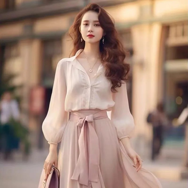 

Elegant Retro French Women's Fashion Lace Up Long Sleeved Dress New Spring Sweet Beach Party Pink Women Two Piece Chiffon Dress