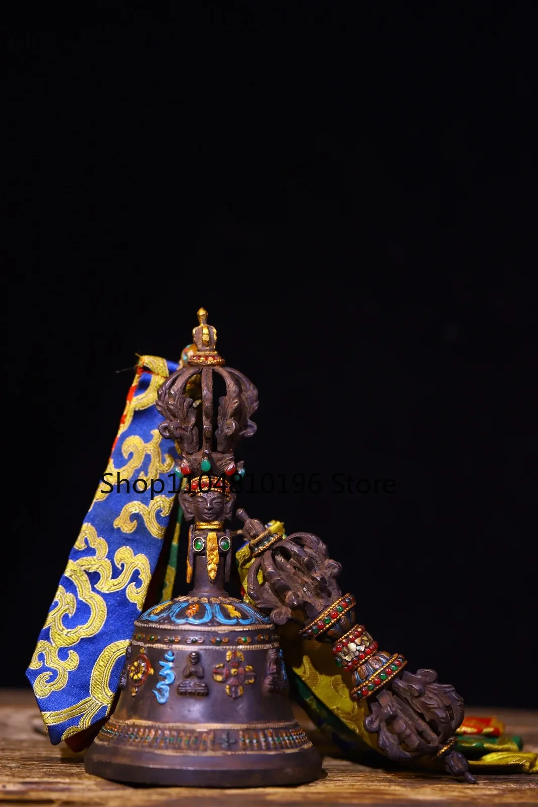 Bronze Painted Mahakala Head Old Ringing Bell Gem Shell Nine Shares Vajra