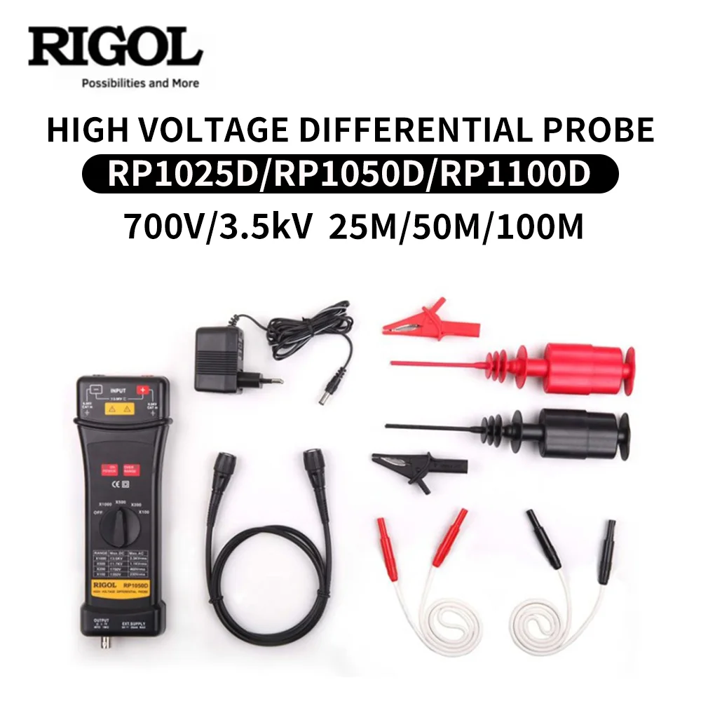 Sondas diferenciales de alto voltaje RIGOL RP1025D/RP1050D/RP1100D |   Ancho de banda de 25M-100MHz |   Entrada máxima de 7kVpp para osciloscopio general