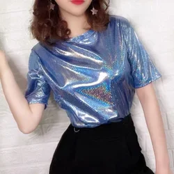 M-3XL Summer Woman Tops Shiny Loose Short Sleeve T-shirt Sexy Club Aesthetic Harajuku Women Stylish Bright Silk Tops for Women