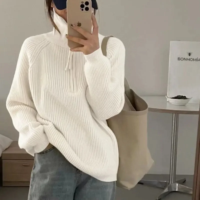 

Outerwear Knitted Top Autumn Winter Ribbed Half-Zip Sweater Women, Design Sense Stand Collar, Soft and Loose Lazy Style