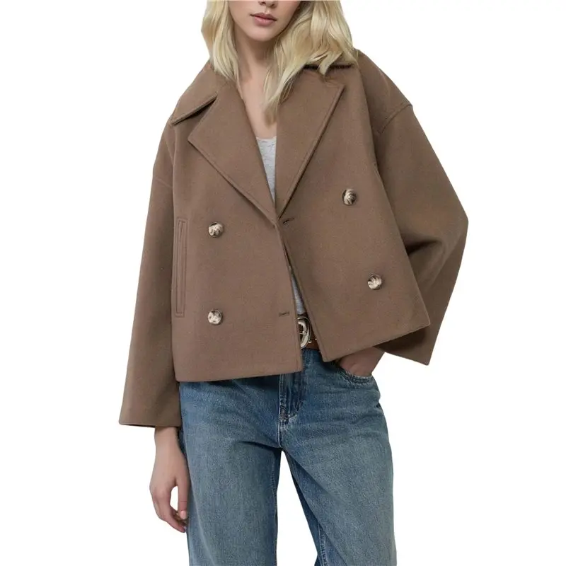 

AEA6 - Модное женское короткое шерстяное пальто свободного кроя с воротником и двойной застежкой на пуговицах для повседневной носки