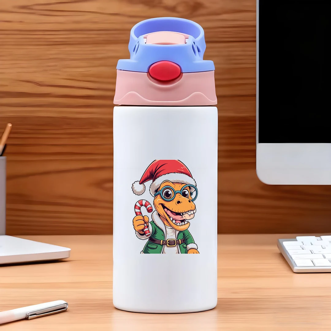 Chapeau de noël dinosaure de dessin animé, tasse isolée en acier inoxydable 304, tasse en paille pour enfants, cadeau de noël élégant et Adorable