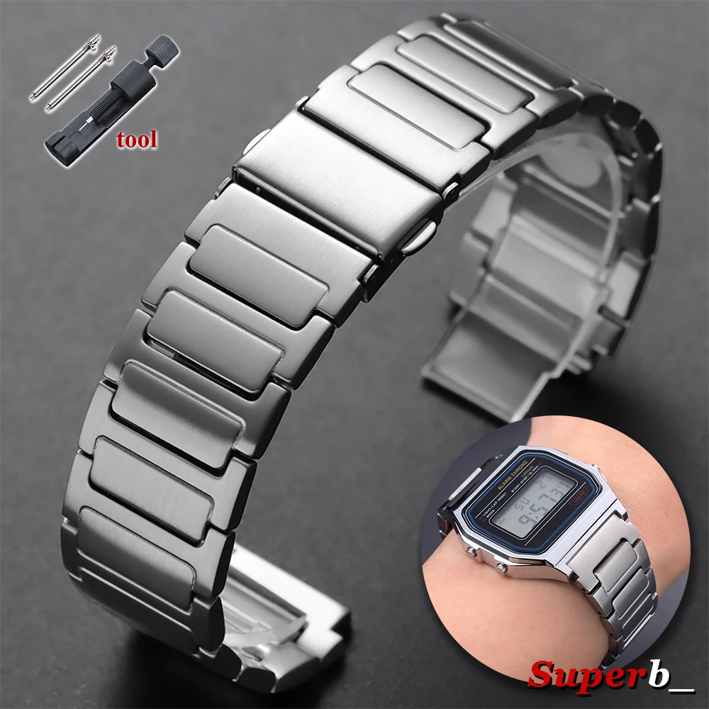 Correa de reloj de acero inoxidable plateada y negra para Casio, correas de reloj de 18mm, 20mm y 22mm para reloj inteligente con hebilla de mariposa