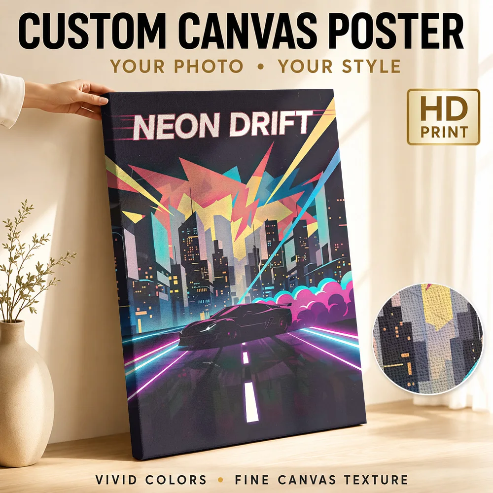 Neon Drift Car in Cityscape Canvas Painting Poster Customized Photo Gaming Anime Wall Art for Teen Bedroom Decor Ready to Hang