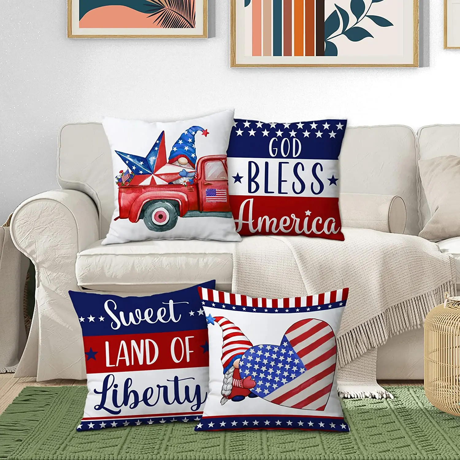 4th of July Pillow Covers 18x18 4th of July Decorations Home Outdoor with Red Blue Gnome Truck, God Bless America Fourth