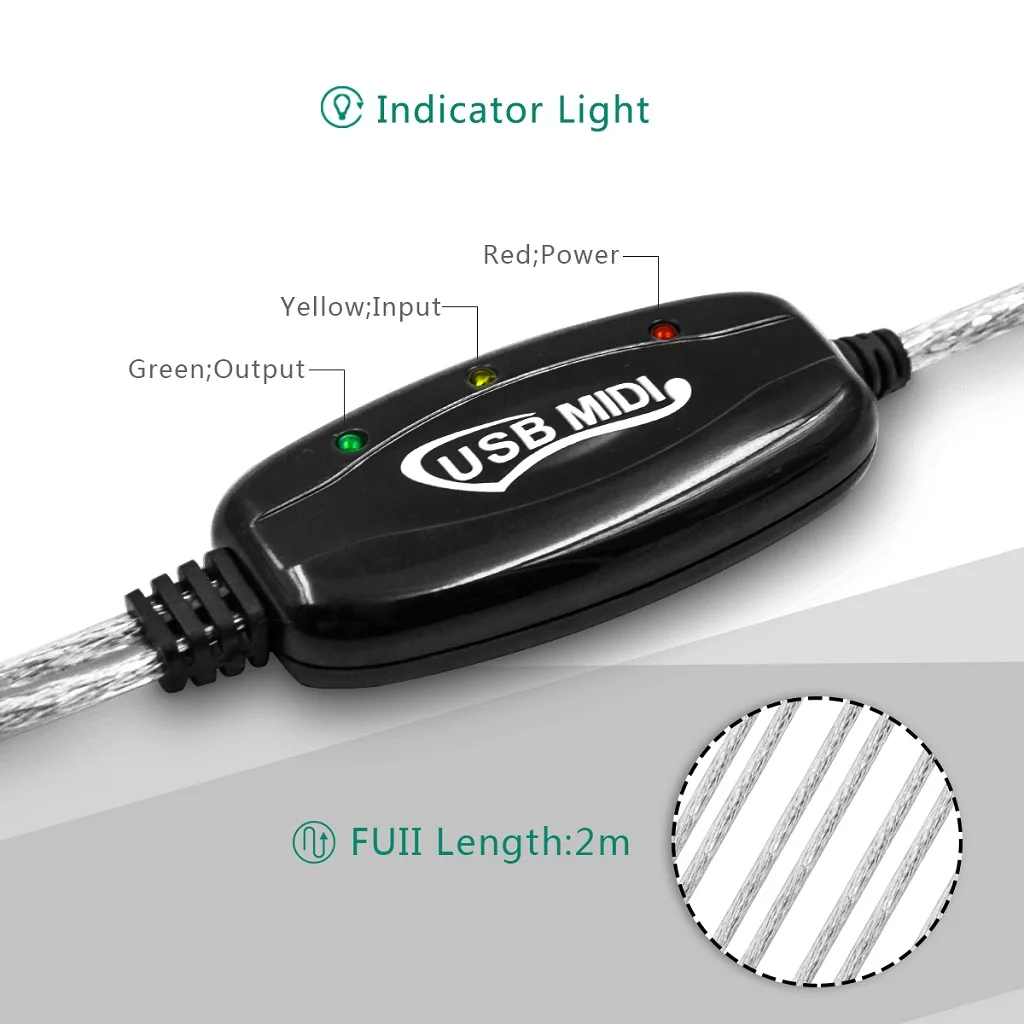 NEW USB MIDI Cable Adapter, USB Type A Male to MIDI Din 5 Pin In-Out Cable Interface with LED Indicator for Music Keyboard