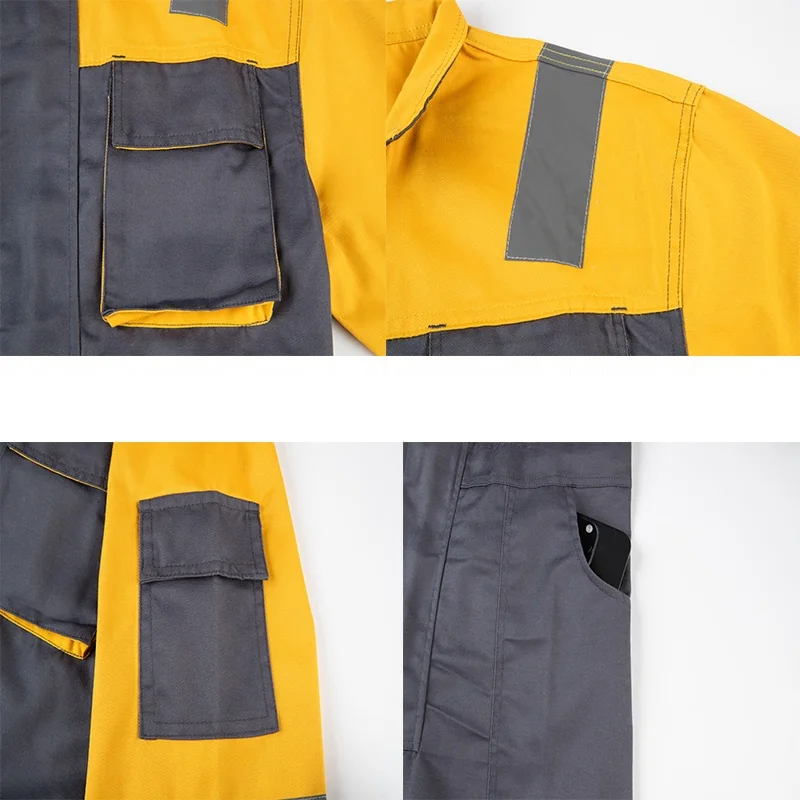 ورشة عمل ملابس العمل المقاومة للاهتراء Hi Vis بدلة عامة لمصلح السيارات بجيوب متعددة ملابس واقية لموقع البناء