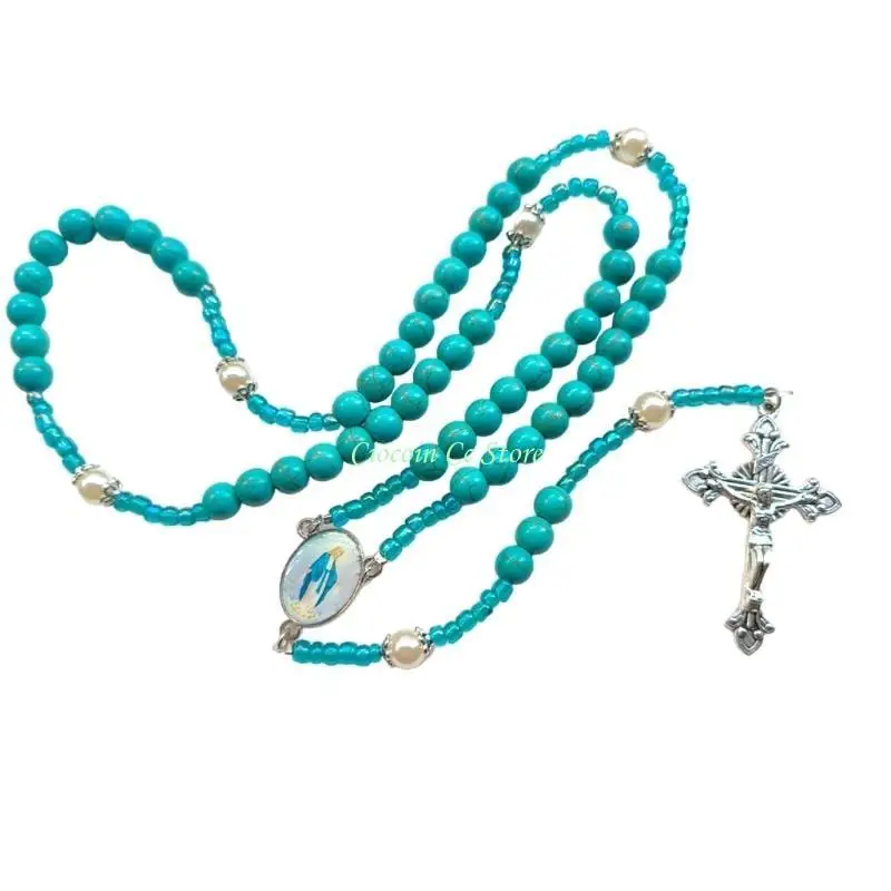 X90F Handcrafts Religious Blue Turquoise Rosary Beads Necklace with Metal Crosses Pendant for Catholic Prayer and Worship