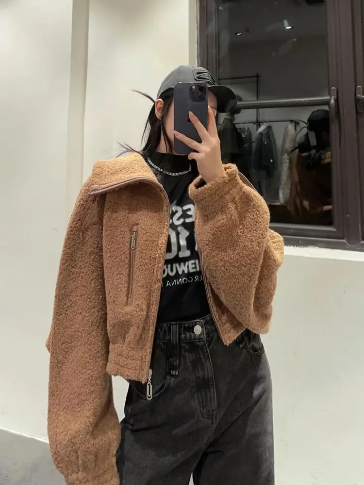 

2025 Super Thick Big Collar Short Zipper Lamb Wool Coat for Women's Winter with Cotton Thickened Warm Top