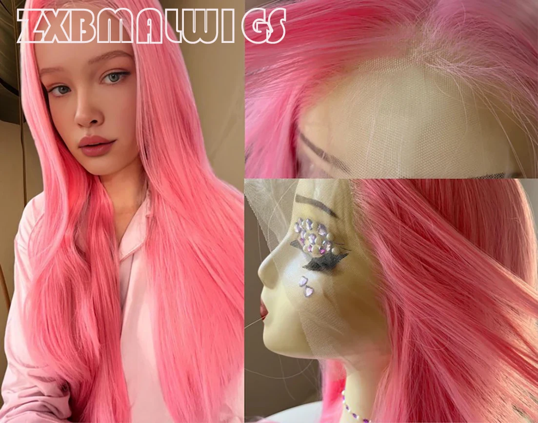 

Длинный прямой розовый парик 13*4, синтетический, с кружевной передней частью, без клея, готовый к ношению, ярко-розовый пастельный парик для женщин, для вечеринок