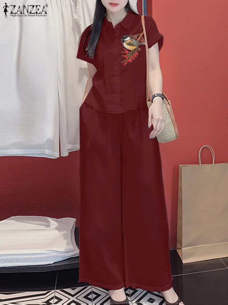 Conjuntos de pantalones de verano 2025 ZANZEA, conjuntos de 2 piezas para mujer, chándales OL de 2 uds, camisa de manga corta a la moda elegante, pantalones de pierna ancha, traje