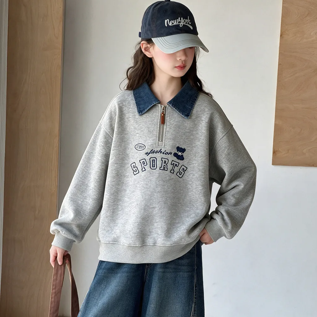 Girls Sweatshirt Half Zip Denim Collar Bear Letter Print Long Sleeve Autumn Children Tops 2026