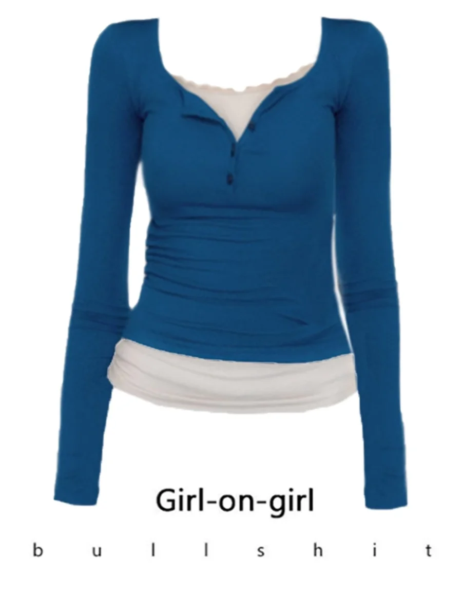 

Blue Fake Two Piece Lace Patchwork Slim Fitting Long Sleeved T-shirt for Women's Spring New American Spicy Girl Style Top