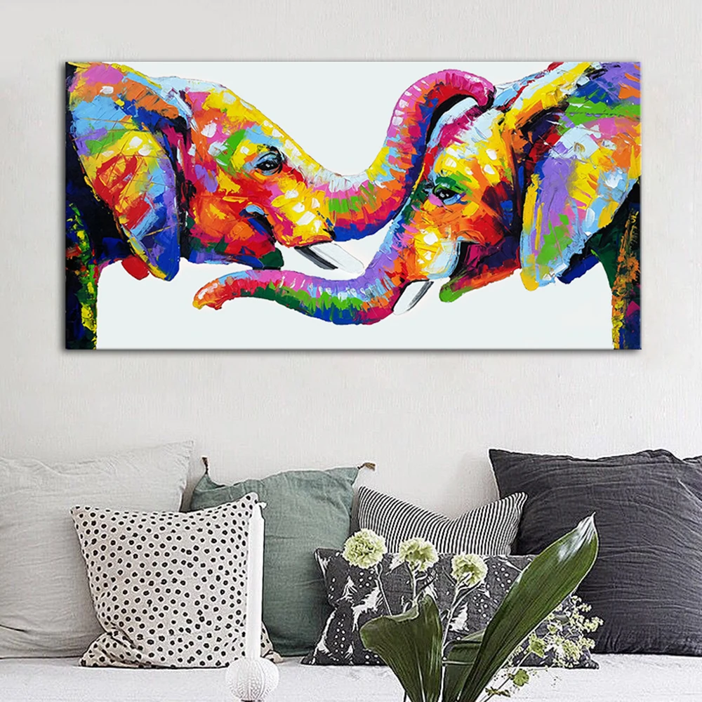 

Handmade Handpainted Modern Colorfull Lovely Family Couple Elephant Oil Paintings Canvas,Wall Art Picture Living Room Home Decor