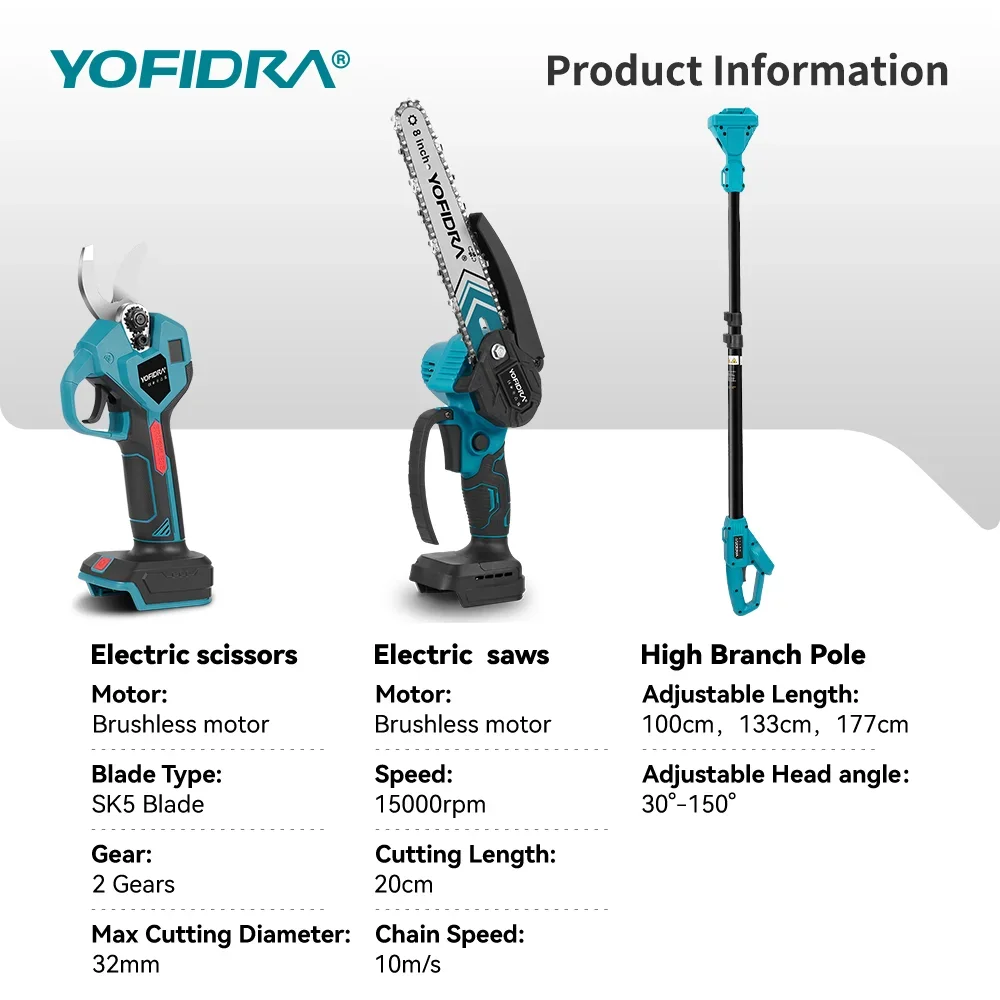 YOFIDRA Brushless 2in1 Brushless High Branch Saw Chainsaw & Pruning Shears Garden Cutting Power ToolFor 21V 18V Battery Pin