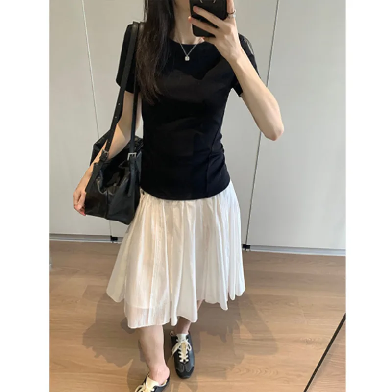 New High Quality Summer Sweet Skirt Women Fashion Pleated Draped High Waist A-line Knee Length Casual Skirt White Jupe