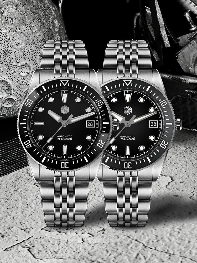 San Martin 37.5mm 40mm Miyota 9015 Men Diver Watch 3H Date Multi-cut Hands Set 5-Link Bracelet OTF Clasp BGW-X1 20Bar SN0148