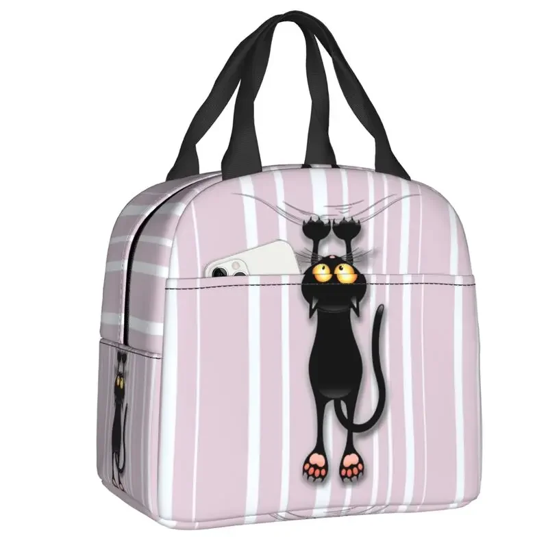 Fun Black Cat Falling Down Insulated Lunch Box for Women Portable Warm Cooler Thermal Lunch Bag School Food Picnic Tote Bags