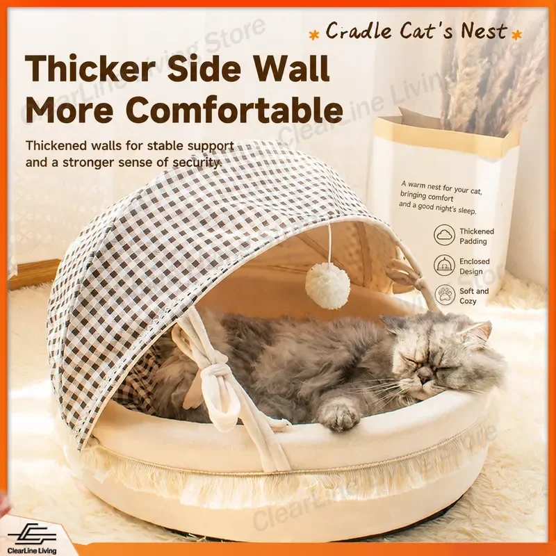 Large Cat Bed Semi Enclosed Warm Pet House Washable Removable Cushion Cozy Kitty Cave Kennel for Indoor Cats Dogs Four