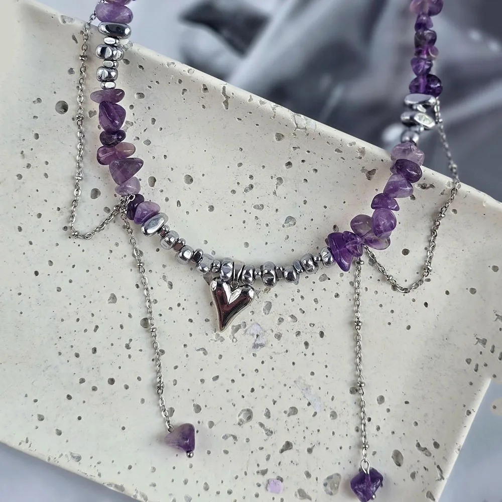 Fashion Vintage Sexy Heart Pendant Tassel Stone Necklace For Women Boho Geometric Purple Natural Stone Jewelry X0362