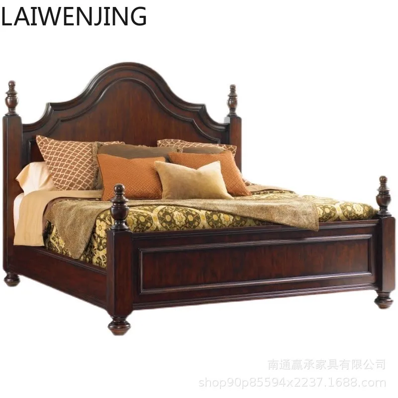

HLZ European retro solid wood double bed mosquito net frame Roman four-pillar 1.8 double bed master bedroom villa furniture