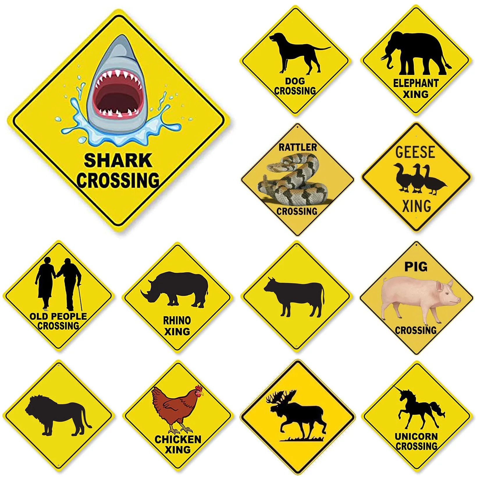 Retro Metal Tin Signs Shark Old People Dog Crossing Street Signs Amusement Park Scenic Retro Road Signs Country Retro Decorative