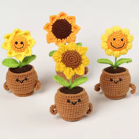 Cute Crochet Sunflowers with Potted Funny Kintted Flower Car Table Decor Handwoven Plant Gift Graduation Gifts
