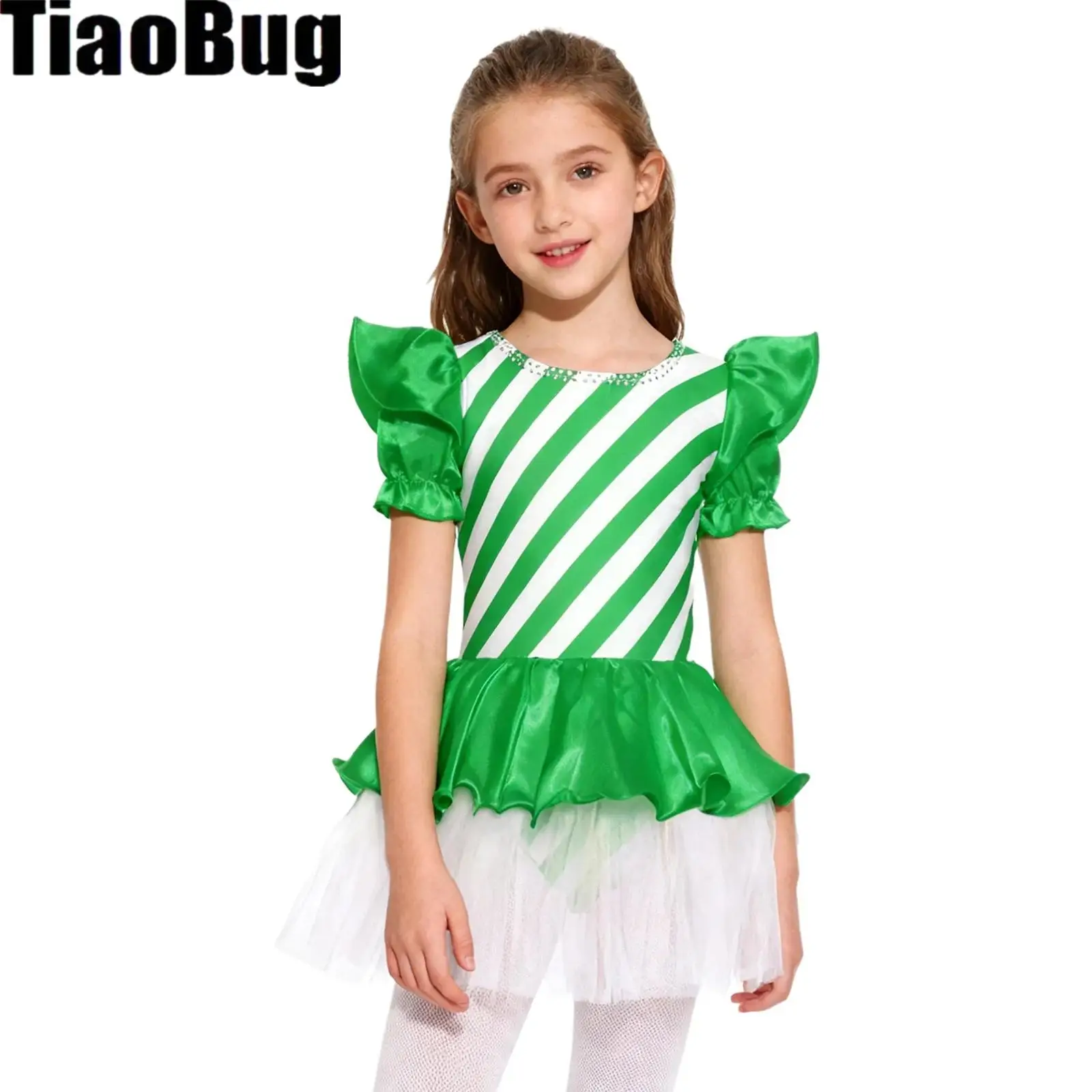 

Kids Girls Christmas Dress Costumes Rhinestone Neckline Puffy Short Sleeve Tulle Tutu Dress with Built-In Briefs