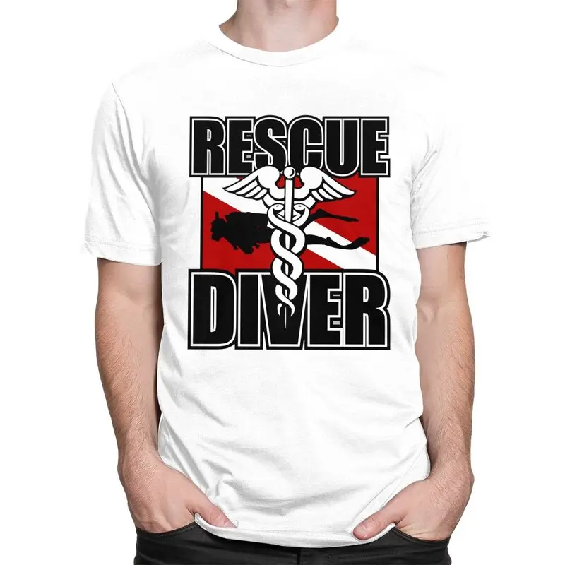 Custom Rescue Diver T Shirts for Men 100% Cotton Tee Tops Scuba Diving Tshirt Short-Sleeve T-shirt Clothing