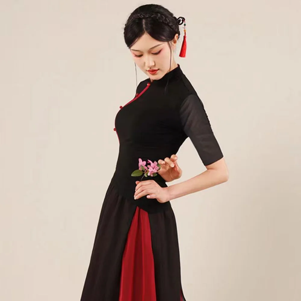 Fashion Women Chinese Folk Dance Costumes Stage Performance Clothes Mid-Length Sleeve Split Dress Chinese Dance Costumes