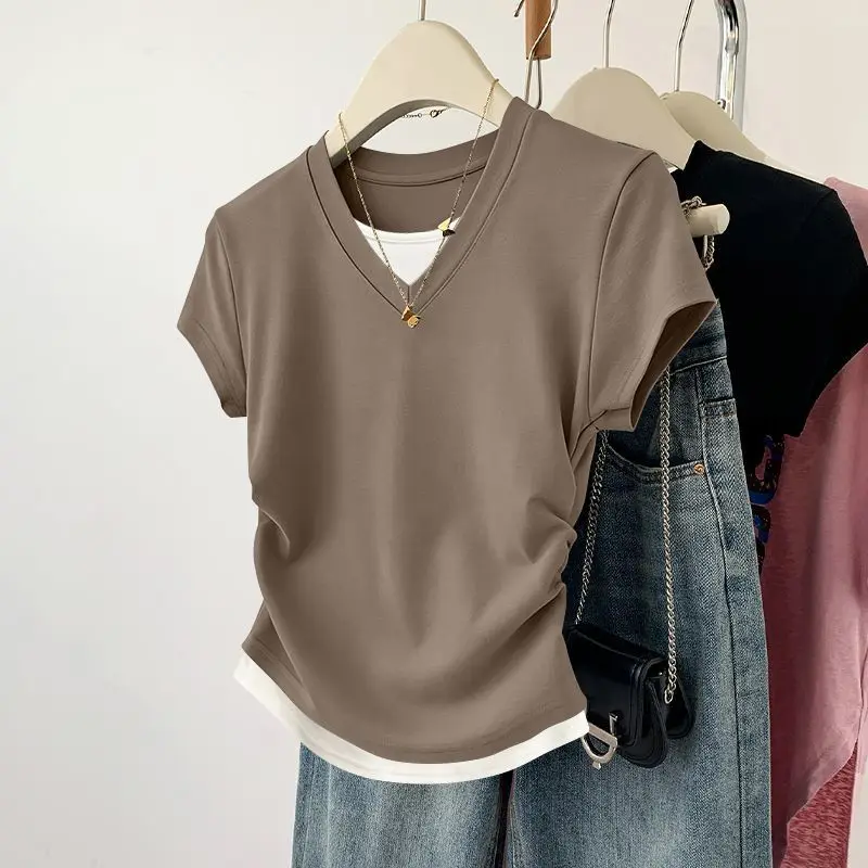 New Summer Women's V-neck Pleated Irregular Simple Slim Fit Short Sleeved T-shirt Fake Two Piece Shirt Sexy Versatile Style