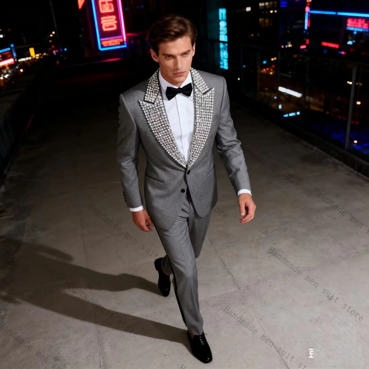 

Black Cotton Men Suit Set 2 Piece Crystals Blazer+Pants Prom Wedding Tuxedos Coat Customized Formal Office Fashion Jacket