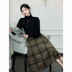 Women Autumn Winter Graceful Black Turtleneck Sweater Plaid Skirts Two Piece Set Lady French Vintage Knit Tops Skirt Outfits