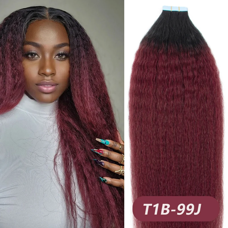 

T1B-99j Kinky Straight Tape In Human Hair Ombre Yaki Hair Extensions Natural Remy Hair 20inch 20Pcs/pack