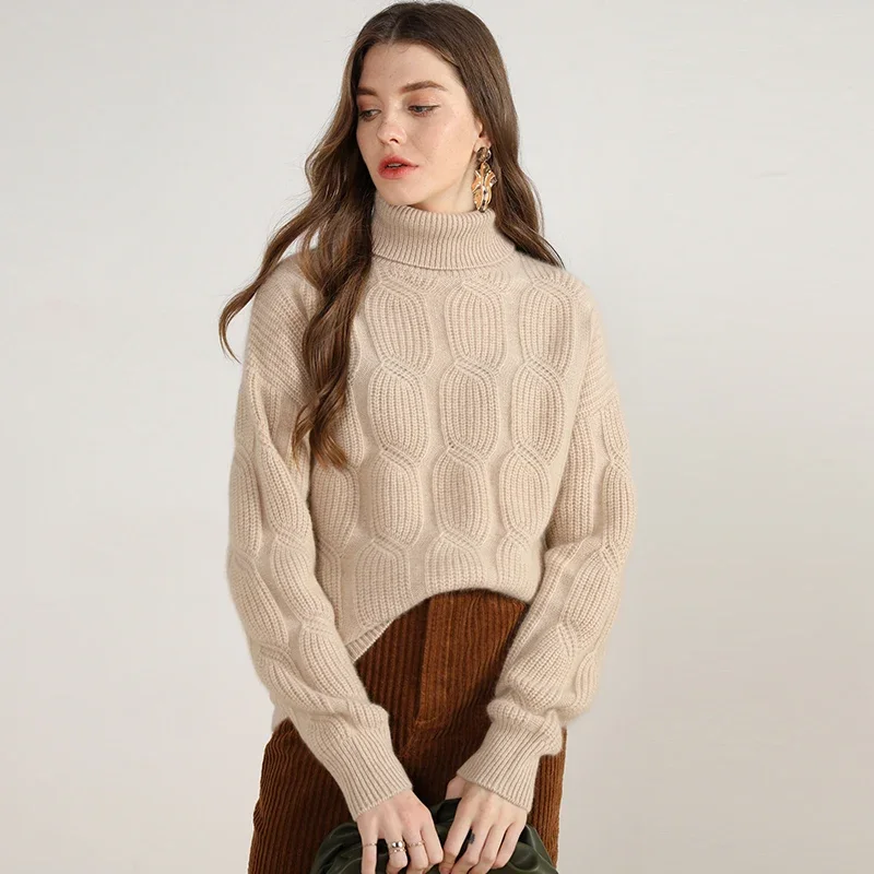 

6 ply winter fashion 100% cashmere turtleneck sweater woman cable knitted long sleeve pullovers oversized stylish female jumper