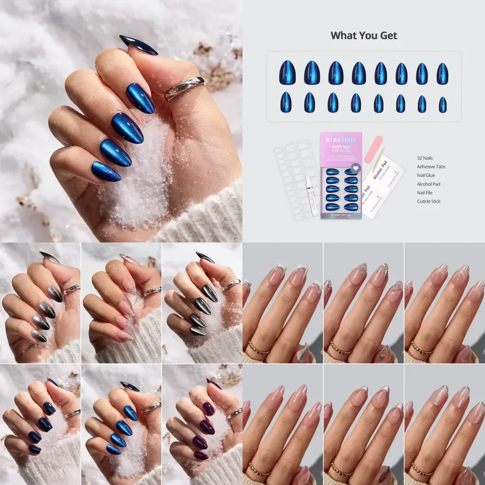 Short Almond False Fake Nails Faux Ongles Wholesale Soft Gel Bulk Blue Eye Winter Press on Nails En Gros