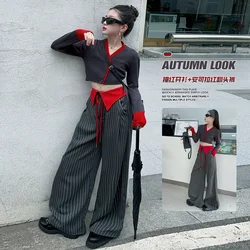 design contrasting color sweater top+retro striped red flip over patchwork wide leg pants set 2pcs kid clothes suit girl outfits