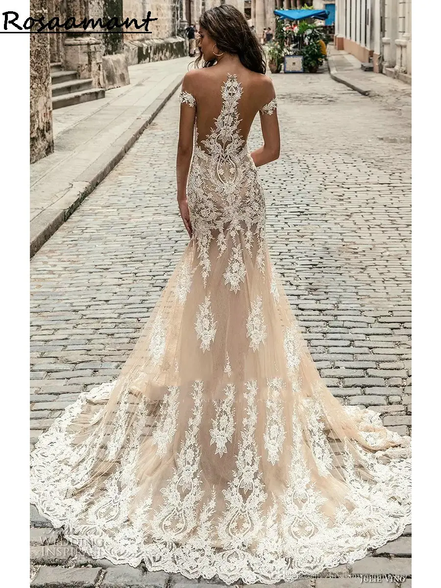 Champagne Off The Shoulder Mermaid Wedding Dresses Illusion Appliques Lace Country Bridal Gowns