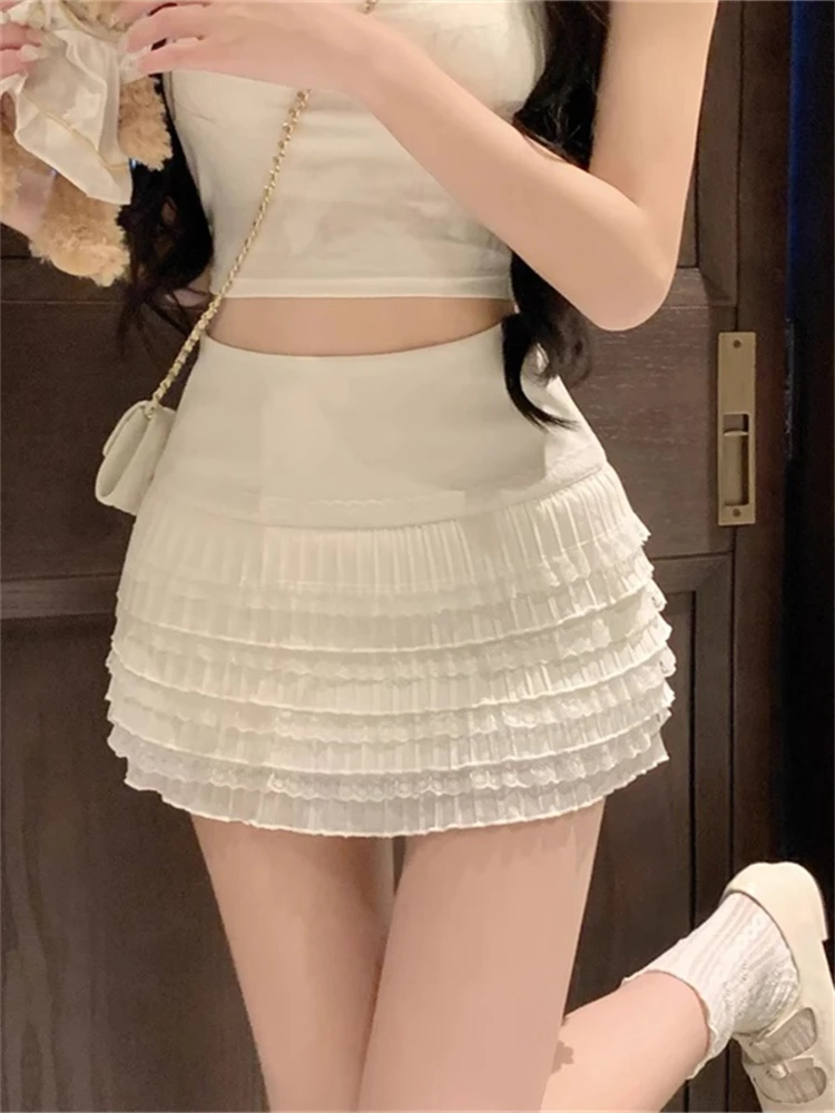 Sweet And Spicy Short Skirt with Lace Pleats A-Line Design for Women High Waist Cake Skirt Anti-Light Inner Wear Versatile Style