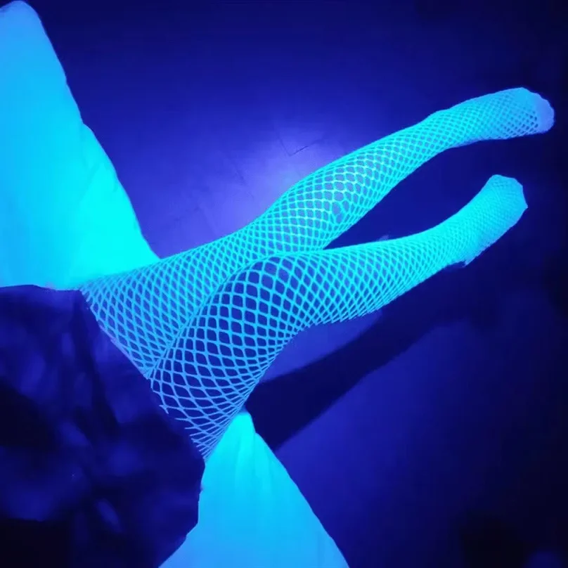 High Waist Glow in the Dark Tights ,Mesh Pantyhose,UV Reactive Neon Green Fishnet Stocking,Eye-Catching,Music Festival, Clubwear