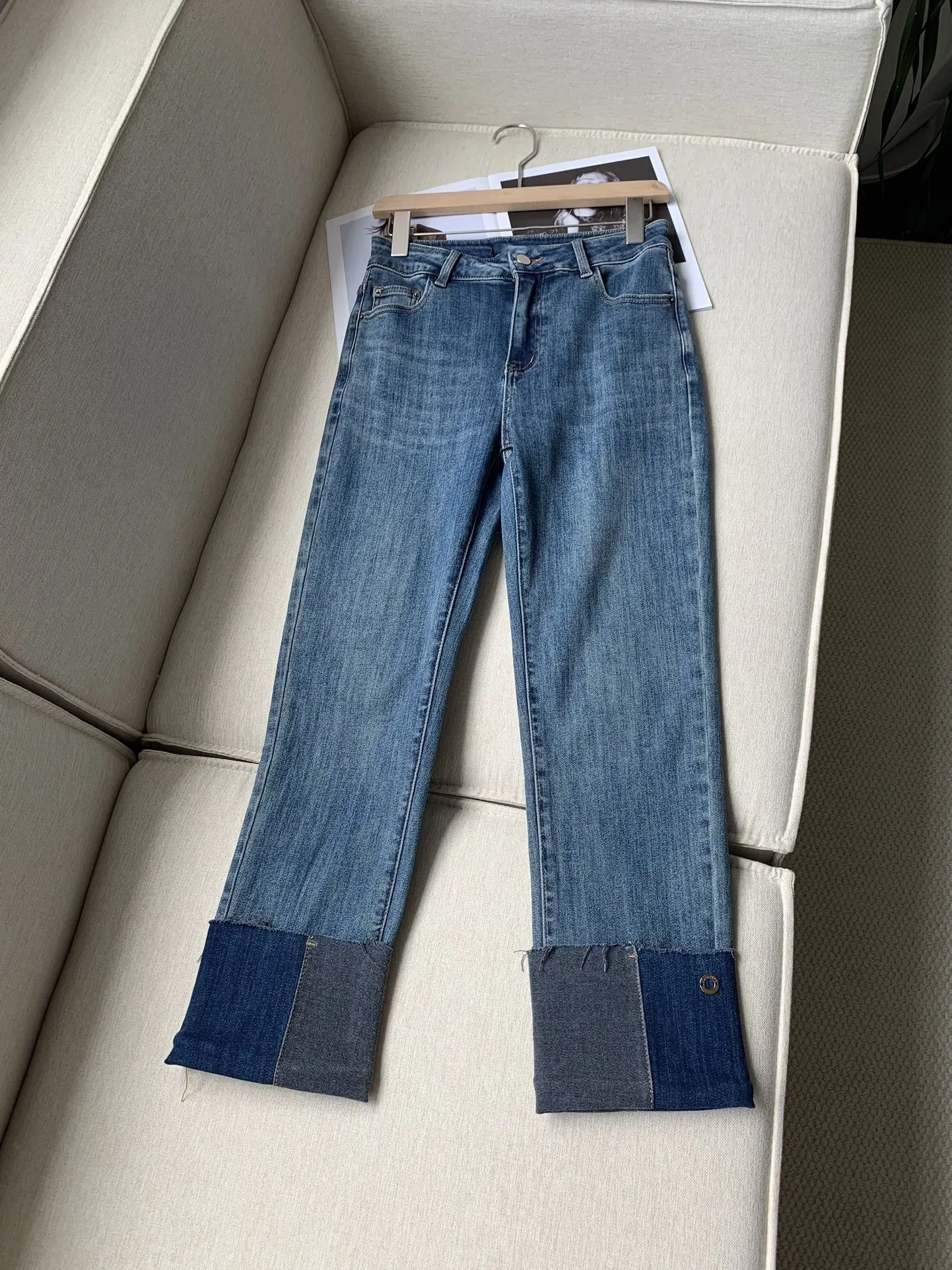 Jeans longo para senhoras, cintura alta, borda casual, calça ondulação, novo, primavera, verão, 2024