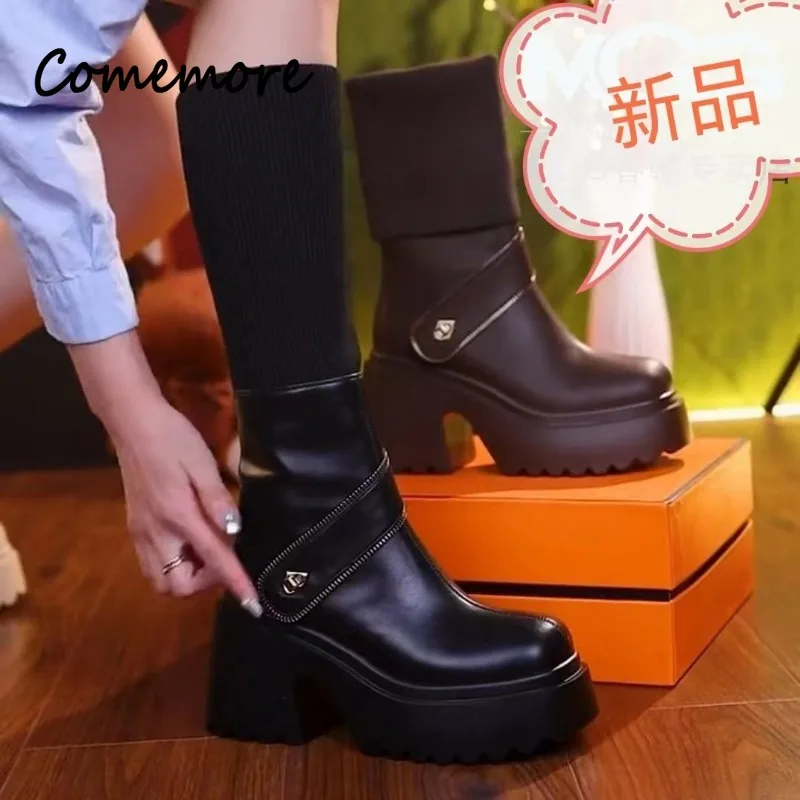 Comemore Women Boots Platform Wedge Fashion Autumn Spring 8cm Block Heels Knee High Boot Shoes 2024 Sock Leather Stretch Fabric