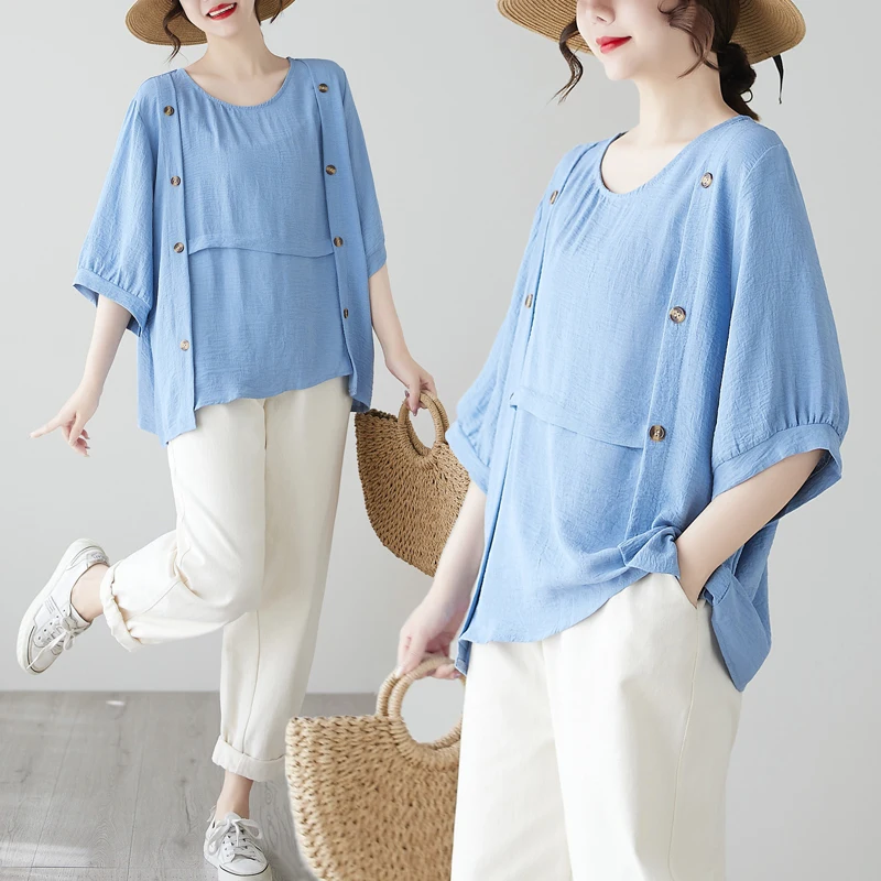 

Comfortable Loose Women's T-shirt Simple Design Casual Summer Top Large Size Non-uniform Style Cotton Polyester Blend