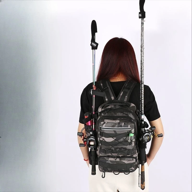 Nylon Fishing Backpack Bag Waterproof Large Capacity Fishing Tackle Storage Bag Grey/Black Double layer Outdoor Shoulder Bag